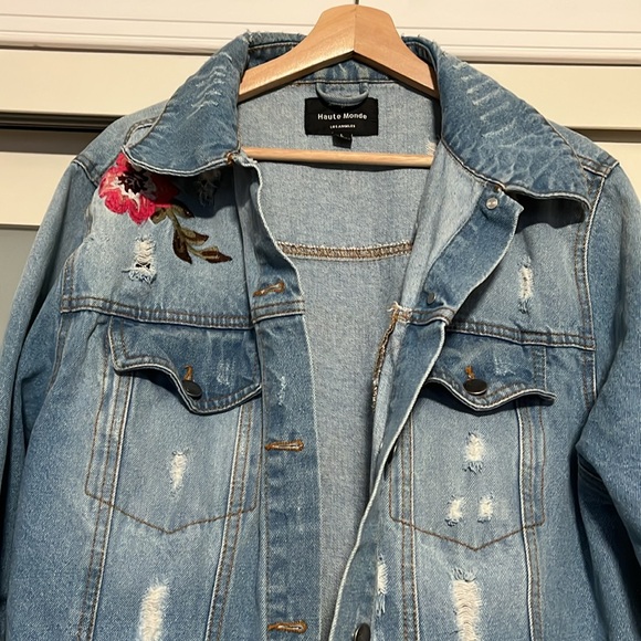Haute Monde L.A designed distress long denim embroidery jacket sz L - Picture 3 of 9